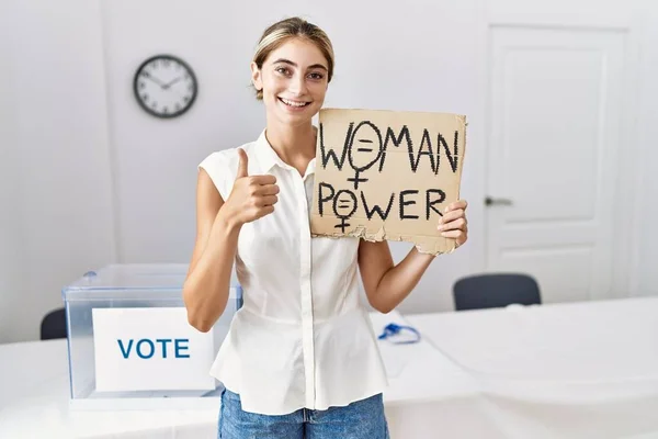 Young Blonde Woman Political Election Holding Woman Power Banner Smiling — Zdjęcie stockowe