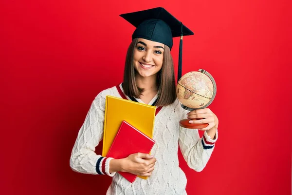 Young Brunette Girl Graduated Geography Smiling Happy Cool Smile Face — Stockfoto