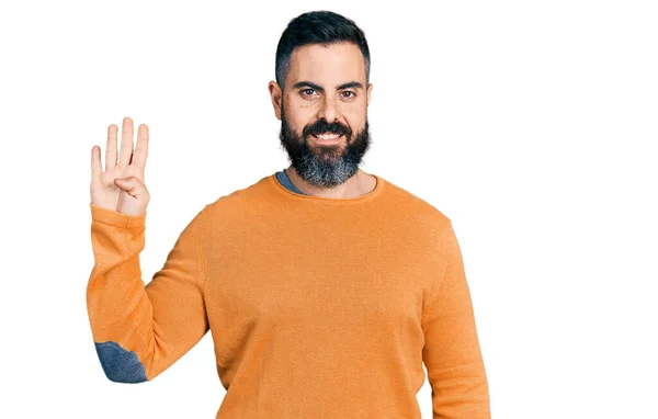 Hispanic Man Beard Wearing Casual Winter Sweater Showing Pointing Fingers — Stock fotografie