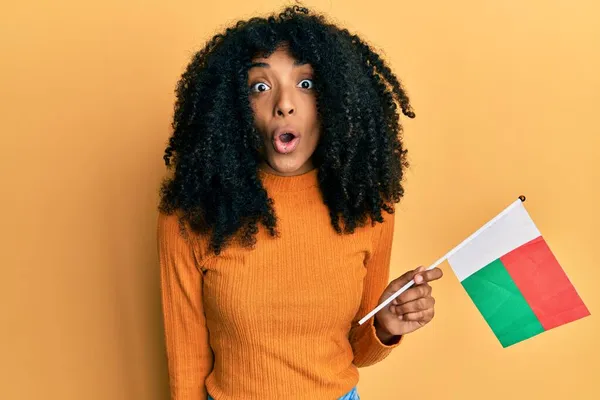 Африканская Американка Афро Волосами Держащая Мадагаскарский Флаг Испуганная Изумленная Открытым — стоковое фото