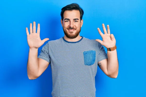 Handsome Caucasian Man Beard Wearing Casual Striped Shirt Showing Pointing — Stockfoto