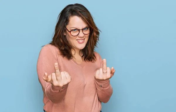 Young Size Woman Wearing Casual Clothes Glasses Showing Middle Finger — стоковое фото