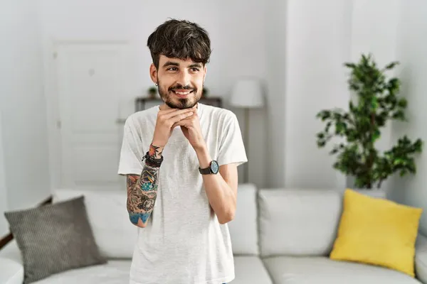 Hispanic Man Beard Living Room Home Laughing Nervous Excited Hands — Stock Photo, Image