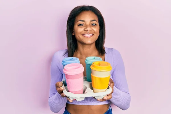 Young African American Girl Holding Tray Take Away Coffee Smiling — Stock Photo, Image