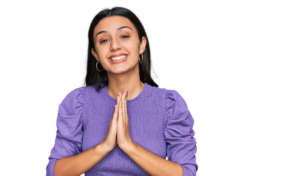 Young Hispanic Girl Wearing Casual Clothes Praying Hands Together Asking — Stock Photo, Image