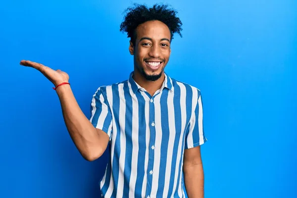 Young African American Man Beard Wearing Casual Striped Shirt Smiling — Stock Photo, Image