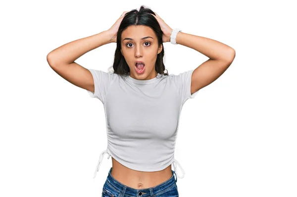 Young Hispanic Girl Wearing Casual White Shirt Crazy Scared Hands — Foto Stock