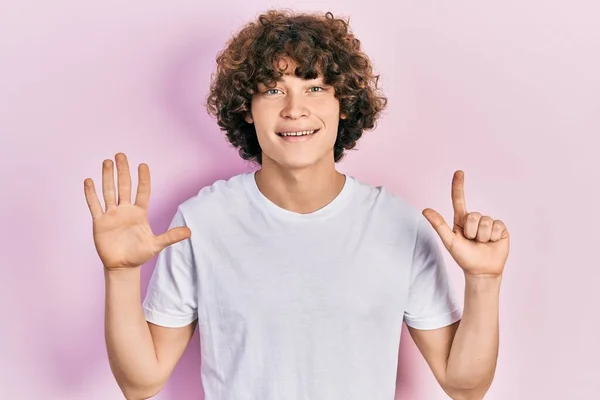 Handsome Young Man Wearing Casual White Shirt Showing Pointing Fingers — Stock fotografie