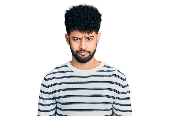 Young Arab Man Beard Wearing Casual Striped Sweater Skeptic Nervous — Φωτογραφία Αρχείου