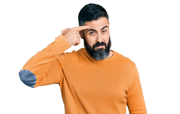 Hispanic Man Beard Wearing Casual Winter Sweater Pointing Unhappy Pimple — Photo