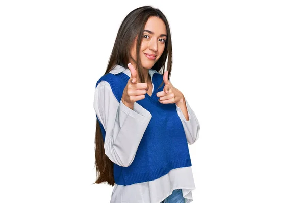 Young Hispanic Girl Wearing Casual Clothes Pointing Fingers Camera Happy — Stock Photo, Image