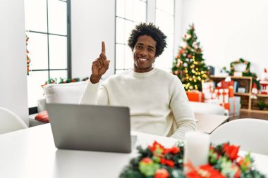 Genç Afro-Amerikalı adam dizüstü bilgisayar kullanıyor Noel ağacının yanında oturuyor ve bir numarayı işaret ediyor kendinden emin ve mutlu bir şekilde gülümsüyor.. 