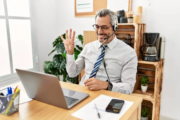Middle Age Hispanic Business Man Working Office Wearing Operator Headset — стоковое фото