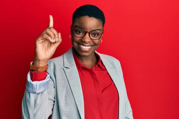 Young African American Woman Wearing Business Jacket Glasses Showing Pointing — Stock Fotó