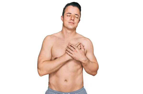 Handsome Young Man Wearing Swimwear Shirtless Smiling Hands Chest Closed — Zdjęcie stockowe