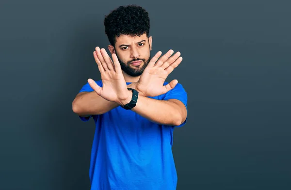 Young Arab Man Beard Wearing Casual Blue Shirt Rejection Expression — Stockfoto