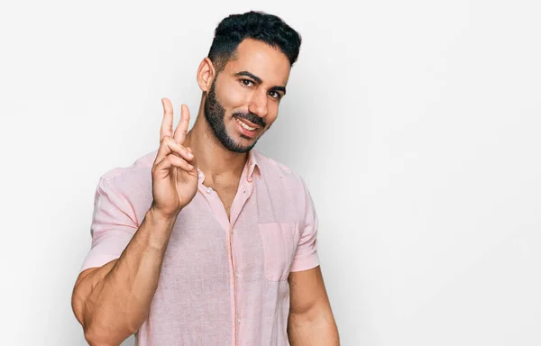 Hispanic Man Beard Wearing Casual Shirt Smiling Happy Face Winking — 스톡 사진