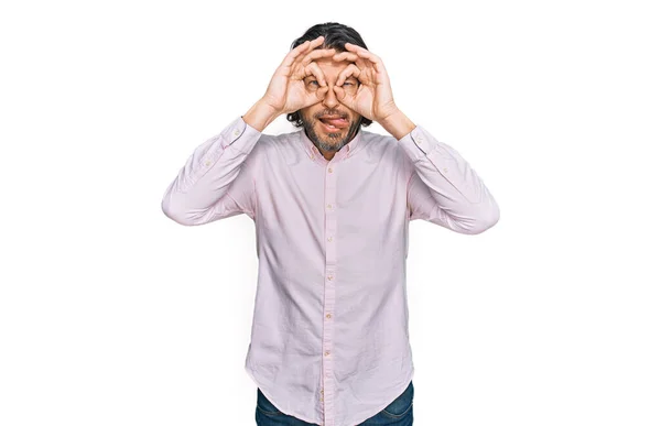 Middle Age Handsome Man Wearing Business Shirt Doing Gesture Binoculars — Stock Photo, Image