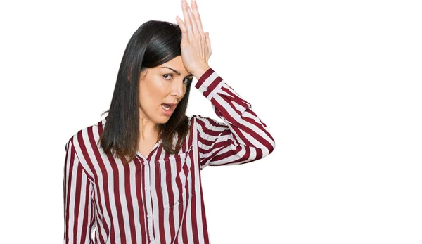 Beautiful Brunette Woman Wearing Striped Shirt Surprised Hand Head Mistake — Stok fotoğraf