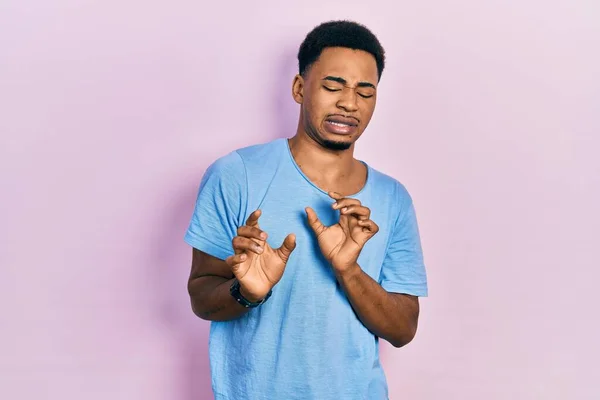 Young African American Man Wearing Casual Blue Shirt Disgusted Expression — Stockfoto