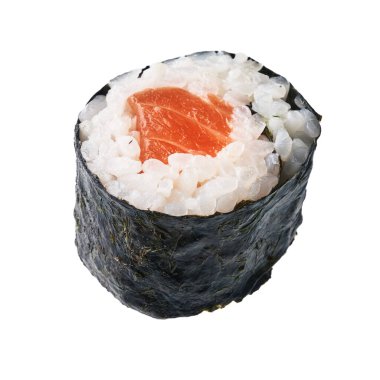  Beyaz arka planda tek başına kalmış somon balığı suşisi.