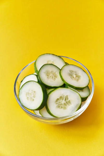 Bowl Slices Cucumber Yellow Background — Stock Photo, Image