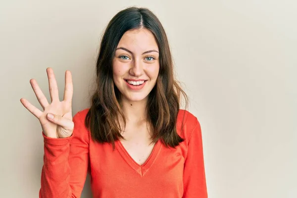 Junge Brünette Frau Trägt Lässige Kleidung Und Zeigt Mit Finger — Stockfoto