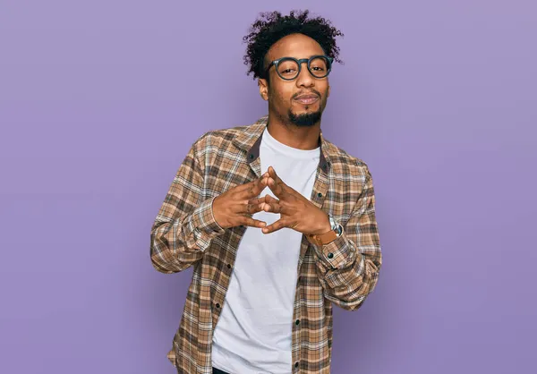 Young African American Man Beard Wearing Casual Clothes Glasses Hands — Stock Photo, Image