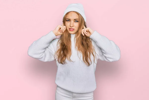 Young Caucasian Girl Wearing Wool Sweater Winter Cap Covering Ears — Stock Photo, Image