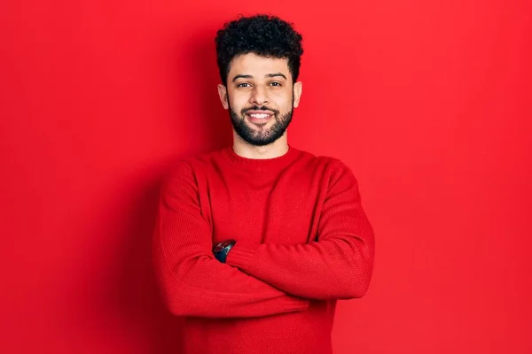 Young Arab Man Beard Wearing Casual Red Sweater Happy Face — Zdjęcie stockowe