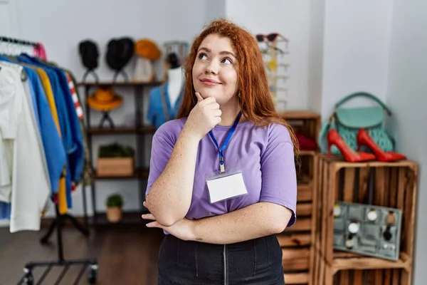 Young Redhead Woman Working Manager Retail Boutique Hand Chin Thinking — Fotografia de Stock