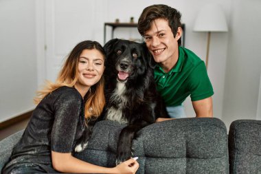 Genç, beyaz bir çift, mutlu bir şekilde gülümsüyor ve evde köpekleriyle koltukta oturuyor..