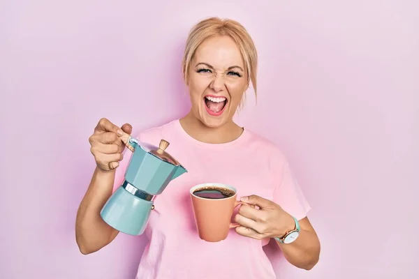 Young Blonde Woman Drinking Cup Fresh Coffee Smiling Laughing Hard — Fotografia de Stock