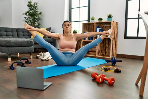 Young Woman Having Online Stretching Class Home — 스톡 사진
