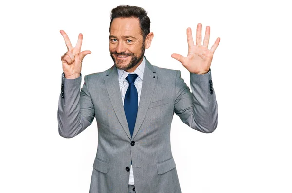 Middle Age Man Wearing Business Clothes Showing Pointing Fingers Number — Fotografia de Stock