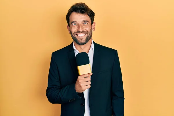 Handsome Man Beard Holding Reporter Microphone Looking Positive Happy Standing — Fotografia de Stock