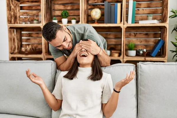 Man Surprising His Girlfriend Hands Eyes Home — Stock Photo, Image