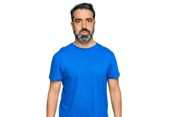Middle Aged Man Beard Wearing Casual Blue Shirt Puffing Cheeks — Fotografia de Stock