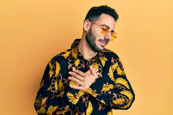 Young Hispanic Man Wearing Stylish Sunglasses Smiling Hands Chest Eyes — Foto Stock