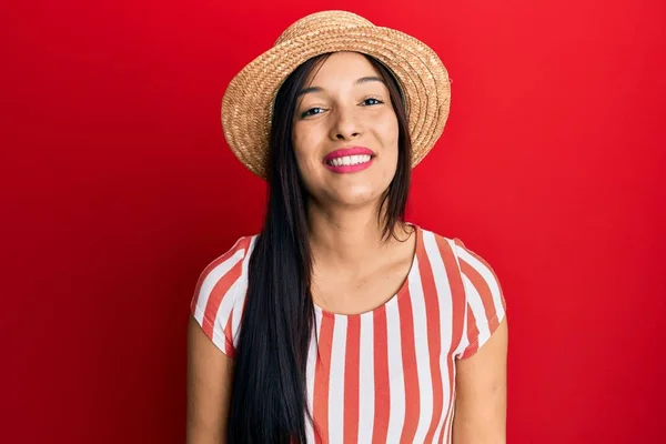 Young Latin Woman Wearing Summer Hat Happy Cool Smile Face — Stockfoto