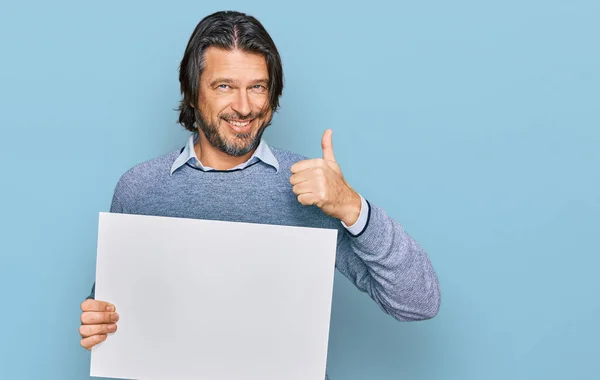 Middle Age Handsome Man Holding Blank Empty Banner Smiling Happy — Stock Photo, Image