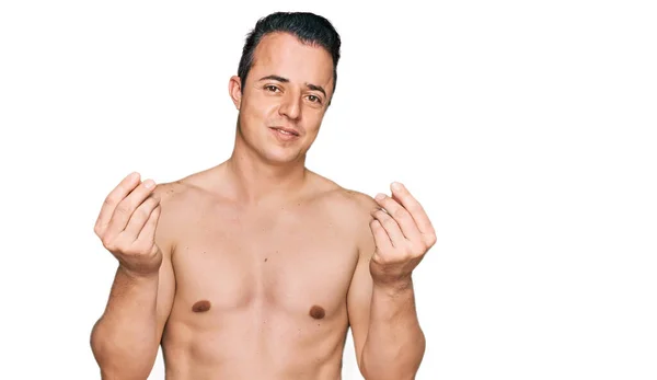 Handsome Young Man Wearing Swimwear Shirtless Doing Money Gesture Hands — Φωτογραφία Αρχείου