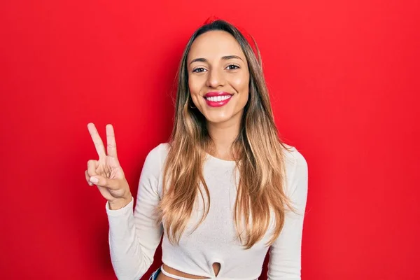 Beautiful Hispanic Woman Wearing Red Diadem Showing Pointing Fingers Number — Fotografia de Stock