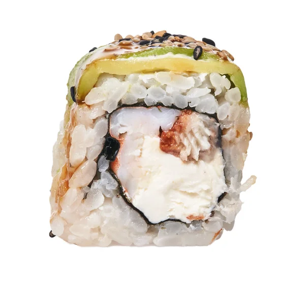 Pojedyncze Krewetki Ser Krem Uramaki Sushi Izolowane Białym Tle — Zdjęcie stockowe