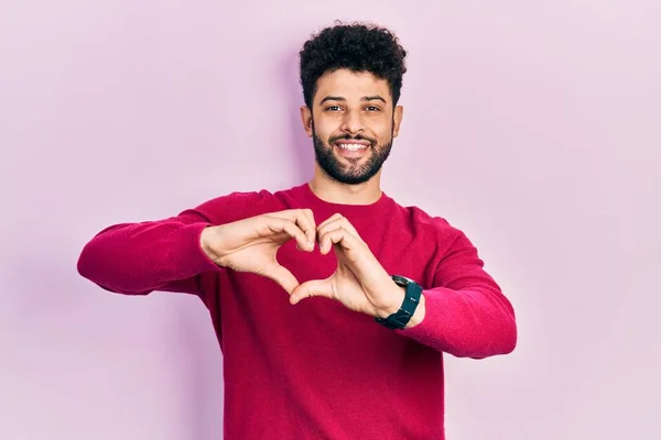 Young Arab Man Beard Wearing Casual Pink Sweater Smiling Love — Stock Fotó