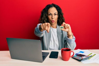 Güzel orta yaşlı kadın elinde bilgisayar işlemcisiyle kamerayı işaret ediyor ve sen kendine güvenen ciddi bir hareket yapıyorsun. 
