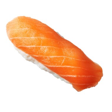  Beyaz arka planda tek somon nigiri suşisi.