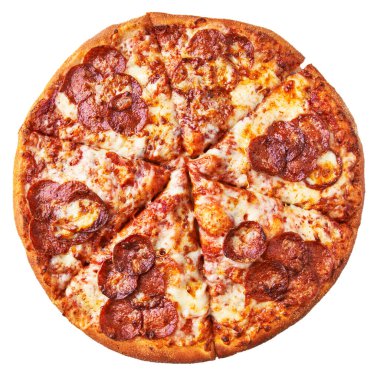  Lezzetli biberli İtalyan pizzası beyaz arka planda izole edilmiş.