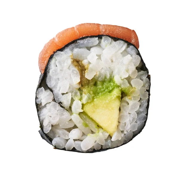 Aguacate Sencillo Sushi Maki Salmón Aislado Sobre Fondo Blanco — Foto de Stock
