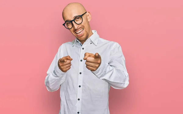 Bald Man Beard Wearing Business Shirt Glasses Pointing Fingers Camera — Stock Photo, Image